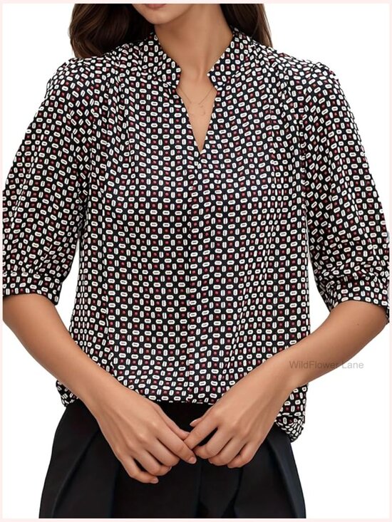 Tops - V Neck Short Sleeve Tunic Blouse Polka Dot Work Tops
